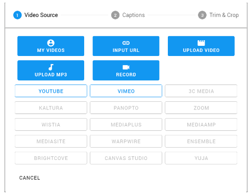Picture 6 - Select your video source - my videos, input url, upload video, upload mp3, record, youtube, vimeo